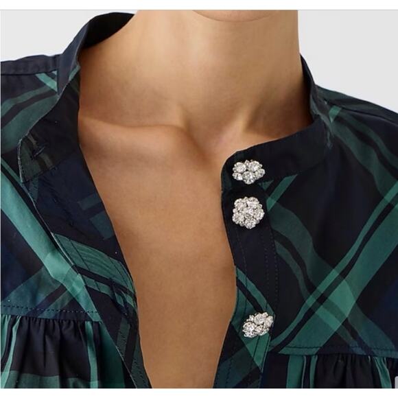 J.Crew Womens Fresco Top Rhinestone Buttons Size S Green Tartan Plaid Academia - Picture 2 of 9